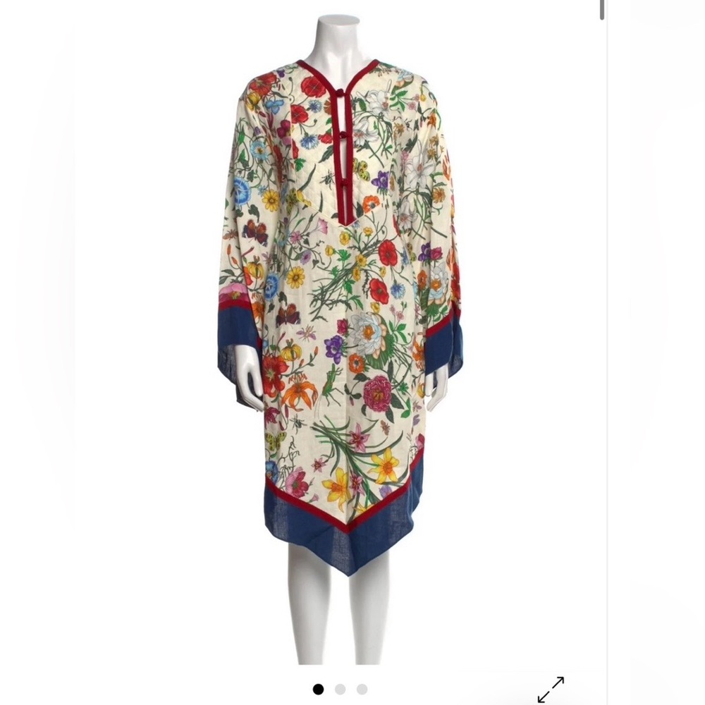 Gucci Cream Floral Midi Dress with Navy and Red Trim